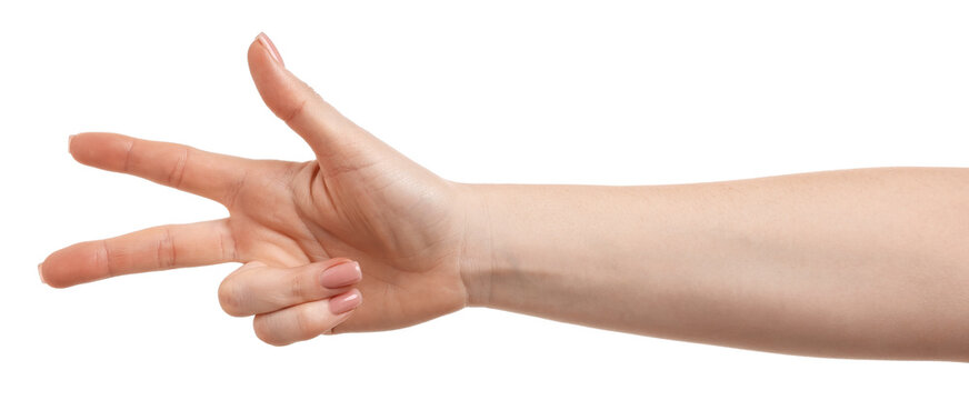 Woman showing number three with fingers on white background, closeup
