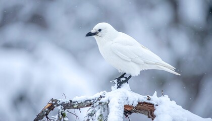 White albino arctic raven sitting on frozen tree branch in falling snow, cold winter.