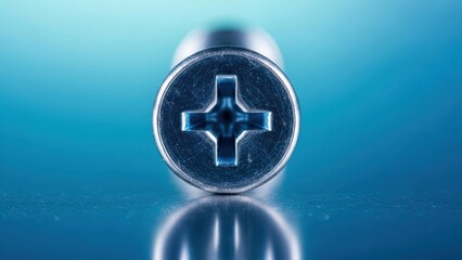 Close up of a single metal screw with a cross shaped head reflecting on a smooth surface against a gradient blue background