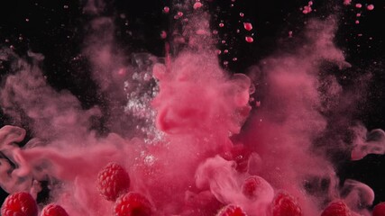 Dynamic explosion of pink powder and water splashing around fresh red raspberries against a dark background. - Powered by Adobe