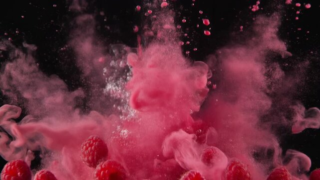 Dynamic explosion of pink powder and water splashing around fresh red raspberries against a dark background.