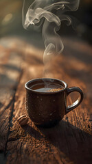 Steaming hot coffee in rustic mug on wooden surface, evoking warmth and comfort. This aromatic beverage invites moment of cozy relaxation, perfect for cool morning
