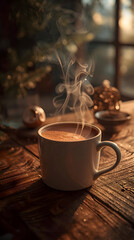 Steaming hot coffee cup on wooden table in morning sunlight with warm bokeh background. Cozy atmosphere concept.