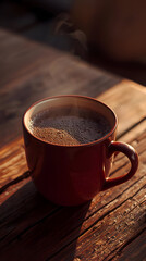 Steaming hot coffee in ceramic mug, offering sense of warmth and comfort, is placed on rustic wooden surface, inviting moment of peaceful contemplation