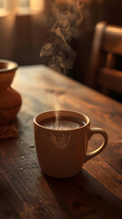 Warm steaming coffee in mug on wooden table, comforting aroma fills air, evoking feelings of coziness and relaxation, perfect for morning or evening beverage
