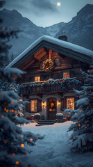 Cozy, snow covered wooden cabin glows warmly under full moon, adorned with festive wreath, evoking feeling of peace and holiday cheer