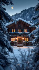 Cozy snow covered mountain chalet glows warmly under full moon, evoking sense of peace and festive holiday cheer
