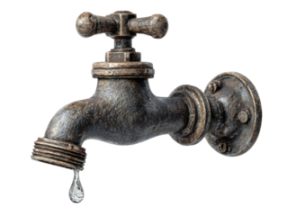 SEO Title (under 200 chars):
Dripping metal water faucet tap with leak and droplet, plumbing fixture spigot valve isolated on white background