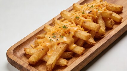 Cheesy Fries with Shredded Cheese & Parsley on Wooden Serving Platter
