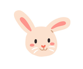 Naklejka premium Cute bunny, face avatar. Adorable smiling rabbit with long ears. Funny baby hare, animal head portrait, user profile in kawaii kids style. Flat vector illustration isolated on white background