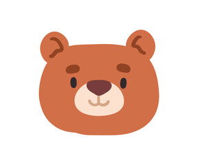 Naklejka premium Cute bear face avatar. Smiling wild forest animal cub with friendly happy expression. Baby character, user profile in kawaii adorable kids style. Flat vector illustration isolated on white background