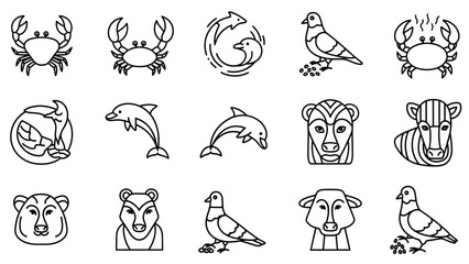 Animal icons set crab dolphin pigeon and mammal line drawings © dani