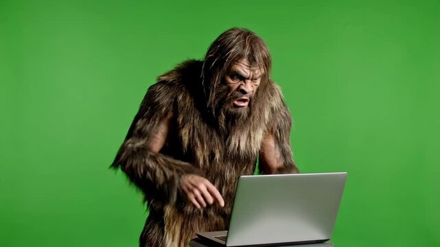 Caveman reacts with shock and confusion to a modern laptop
