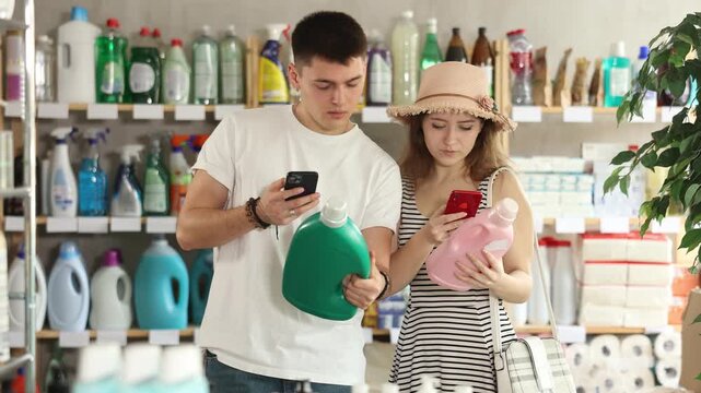 European spouses customer scans qr code on liquid detegrent label. Customer follows link and reads information about product, data on recycling of packaging