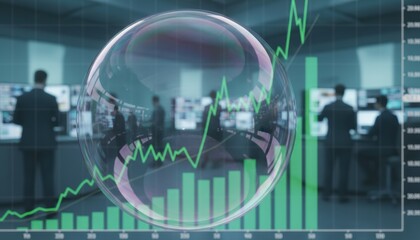 A financial bubble forms over rising stock charts representing market risk economic speculation and global investment trends