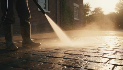 Pressure washing service cleans cobblestone driveway at golden hour for home maintenance, curb appeal and seasonal outdoor cleaning campaign
