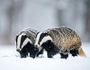 Two cute wild badgers in white snow, cold winter background. 