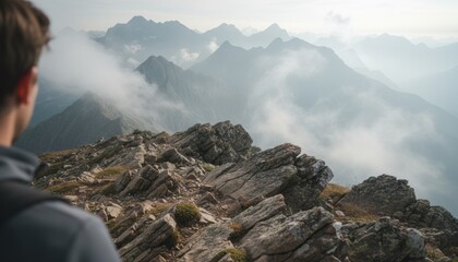 Hiker on rocky alpine ridge looks toward misty mountain peaks symbolizing resilience mental clarity and mindful travel in the European Alps at sunrise
