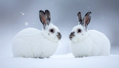 Two arctic white rabbits on foggy frozen winter background, snow falling. 