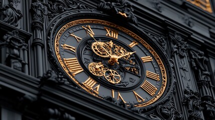 Fototapeta premium Close-up of a large, ornate clock with Roman numerals and golden hands against a dark, detailed facade