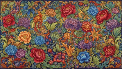 A vibrant intricate floral illustration filled with ornate blossoms swirling leaves and decorative motifs expressing artistic creativity and rich botanical imagination