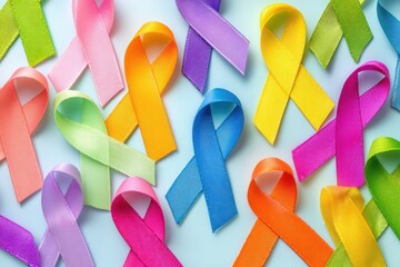 Colorful Awareness Ribbons on Light Blue Background for Healthcare Charity and Support Campaigns and Causes Promoting Hope and Solidarity