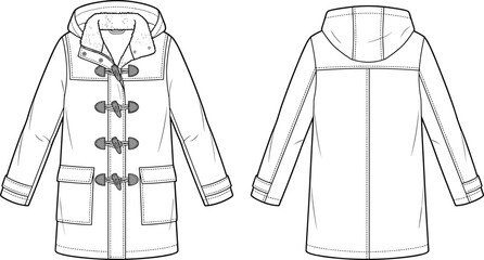 Women's or Unisex classic duffel coat technical fashion flat sketch template, long length with toggle and rope loop closures, hood, and flap patch pockets detail. © MDSAKIB