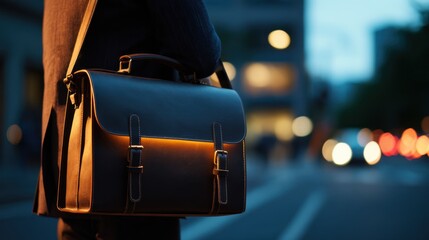 Close up of a dark leather messenger bag with buckles illuminated by warm light against a blurred city street at dusk