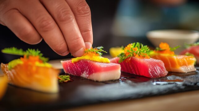 Chef garnishing fresh raw tuna and salmon sushi pieces with bright orange roe and green herbs - Powered by Adobe