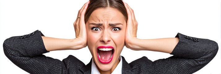 Screaming Woman Covering Ears Isolated On White Background In Panic And Stress Experiencing Loud Noise Or Shock Wearing Business Attire
