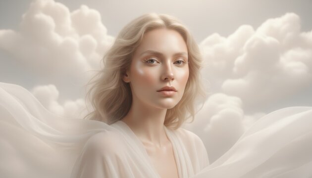 A serene portrait of a woman surrounded by soft luminous clouds in warm pale light conveying ethereal calm and gentle presence in a minimal airy scene - Powered by Adobe