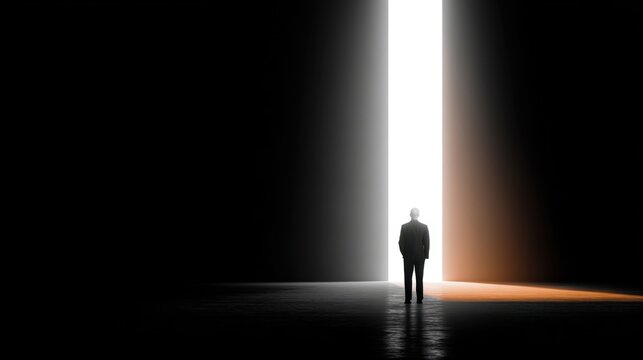 Man in suit standing in dark room facing bright light doorway with reflection