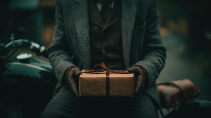 Man in vintage tweed suit and gloves holding a wrapped gift box with a ribbon on a motorcycle