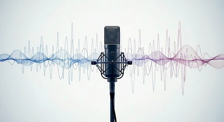 Generative AI studio microphone with abstract soundwaves for podcast branding and vocal frequency visuals.