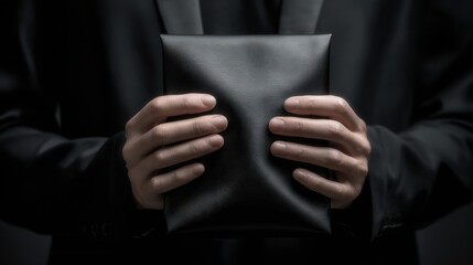A person in a dark suit holds a black textured rectangular object hands visible