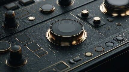Close up view of a textured black control panel with gold accents and numerous knobs and buttons