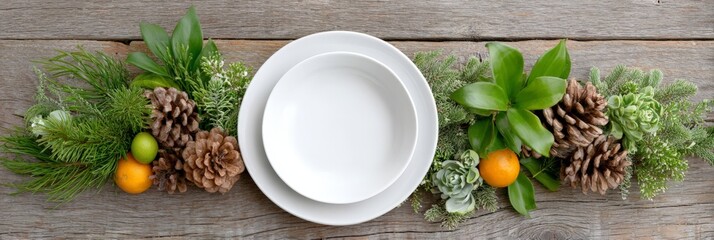 Festive table setting with pine cones, citrus, and greenery on rustic wooden surface