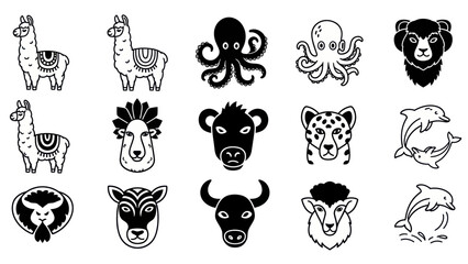 Black and white animal icons llama octopus bear and others