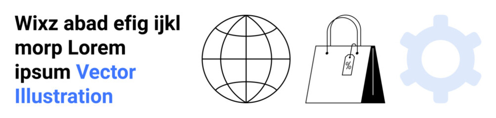 E-commerce, international trade, digital services, technology, shopping platforms, online communication. A globe, shopping bag and gear icon. E-commerce and international trade concepts