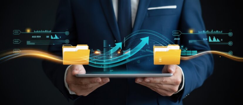 Business Data Transfer: A professional in a tailored suit, delicately handles a digital tablet, symbolizing the intricate transfer of crucial data, visualized with vibrant graphical elements.