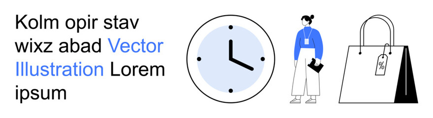 Time management, retail, work productivity, organization, shopping habits, business strategy. A clock, person with a notebook and shopping bag with a tag. Time management and retail concepts