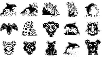 Black and white animal icons orca dolphin lizard bat seal monkey bear © gintan