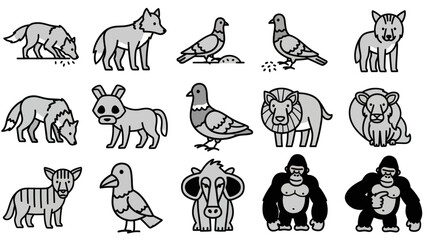 Fototapeta premium Animal illustrations various wildlife icons in minimalist black and white style