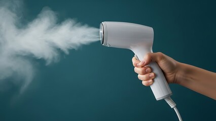 Handheld garment steamer emitting steam on a teal background