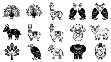 Obraz premium Animal vector icons peacock llama vulture and other wildlife illustrations