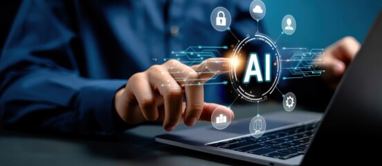 AI and Data Exploration: Hands interacting with AI technology. Illustrating a seamless integration of human interaction with futuristic digital innovation