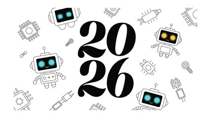 Digital Dawn: Futuristic vision, the year 2026, showcases a lively scene of friendly robots and advanced technology elements, symbolizing innovation and future.