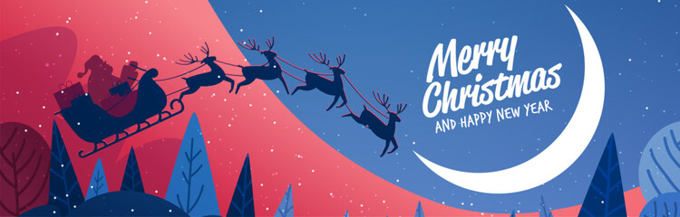 Santa sleigh reindeer Christmas night sky crescent moon snowy forest silhouette red blue background landscape festive holiday