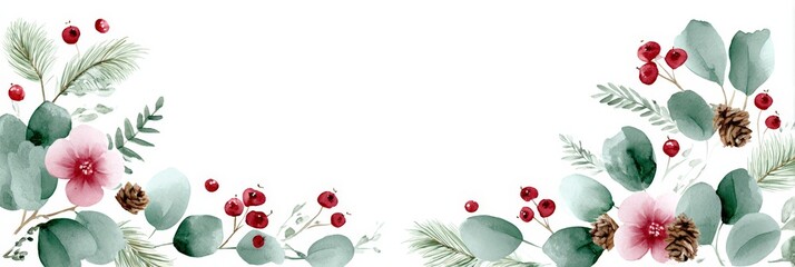 Floral holiday border with red berries and greenery on white background