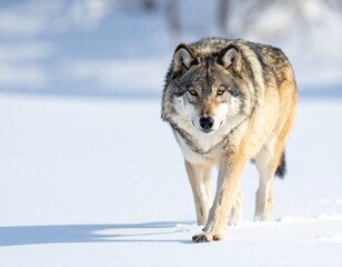 Single wild grey wolf walking in snow in cold winter. 